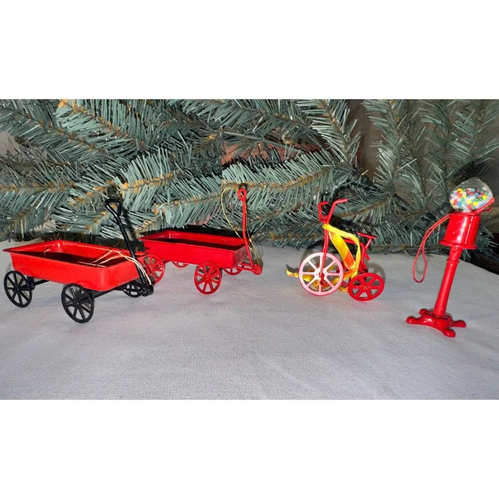 Miniature Toy Ornaments Red Metal Wagons Tricycle Gumball Set Vintage Retro